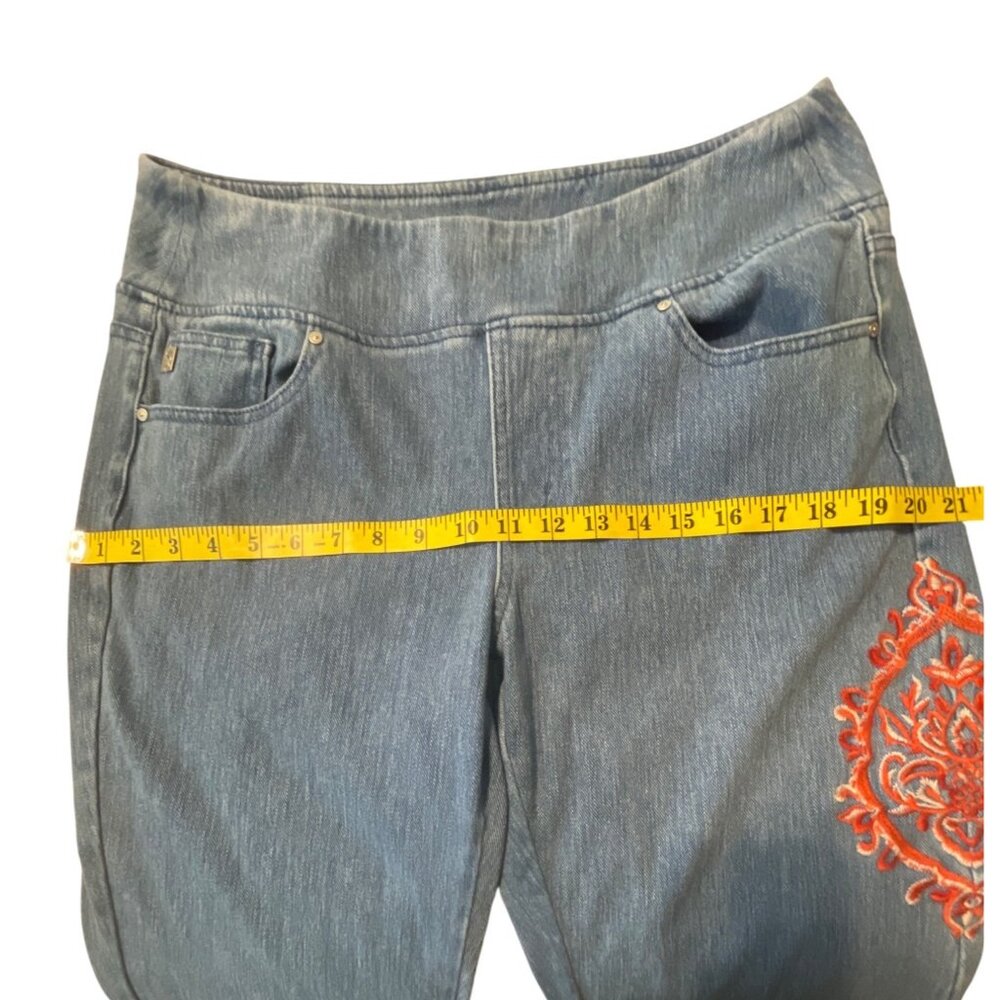Belle Kim Gravel Medium Wash Denim Crop Jeans Orange Embroidery Size 16 - Picture 11 of 16